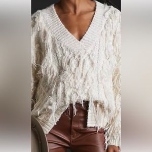 Anthropologie Fringed V Neck Sweater Crème